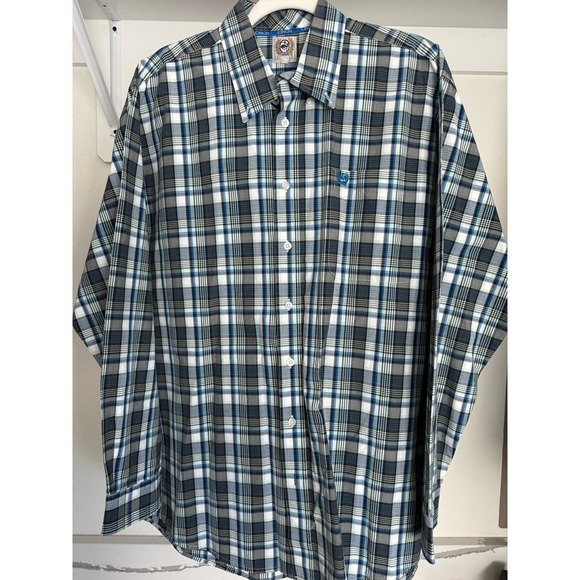 Cinch‎ Men's Long Sleeve Button-Down Rodeo Shirt Size Large Blue Black Plaid - Picture 1 of 9